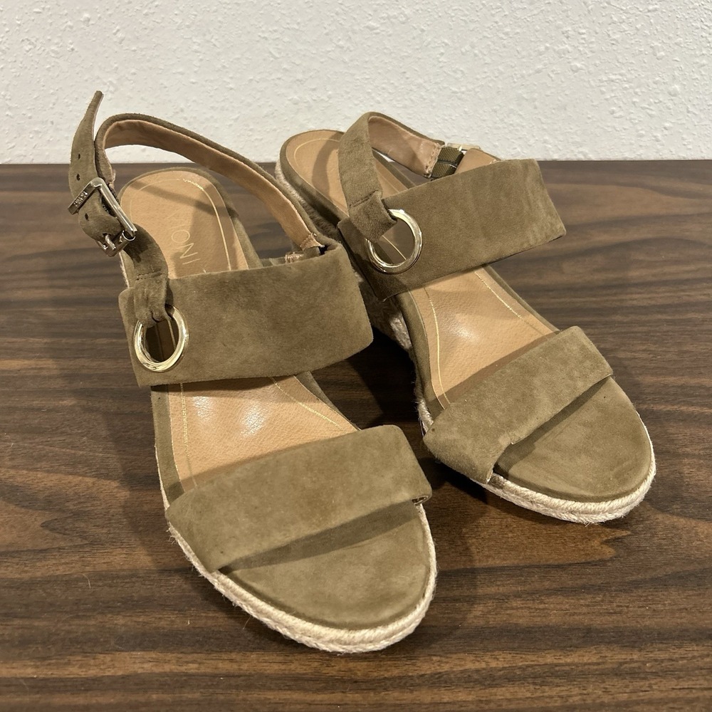 Vionic Tulum Vero‎ Espadrilles Wedge Sandals Size 8 Wide Green Leather Tan Jute